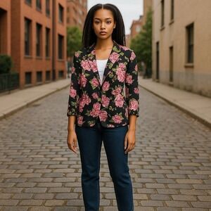 Last‎ Kiss Blazer XL Black Pink Floral 3/4 Sleeve Button Front Career